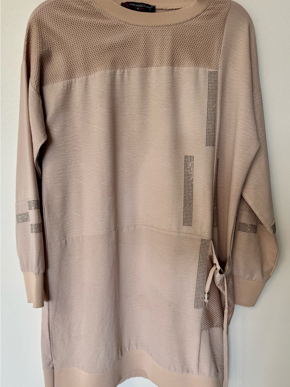 Beige Rhinestone Embellished Mesh Accent Tunic Top / Long Sleeve Blouse